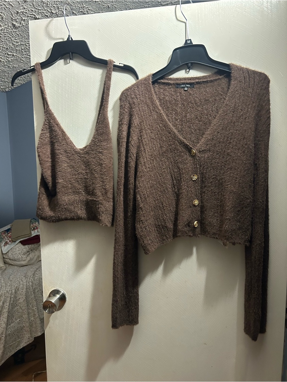 Love Tree Brown Fuzzy V-Neck Cardigan & Tank Set